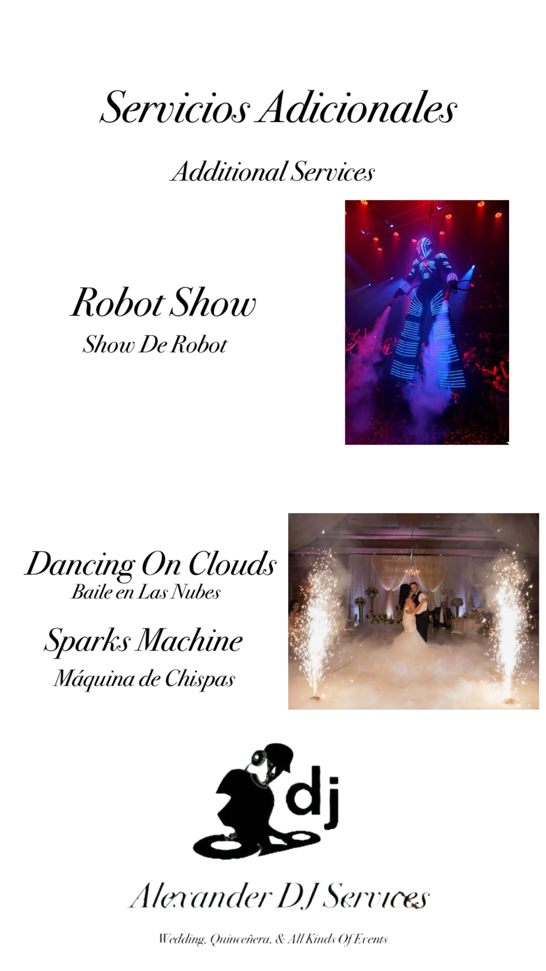 Robot show, dancing on clouds and sparks machine