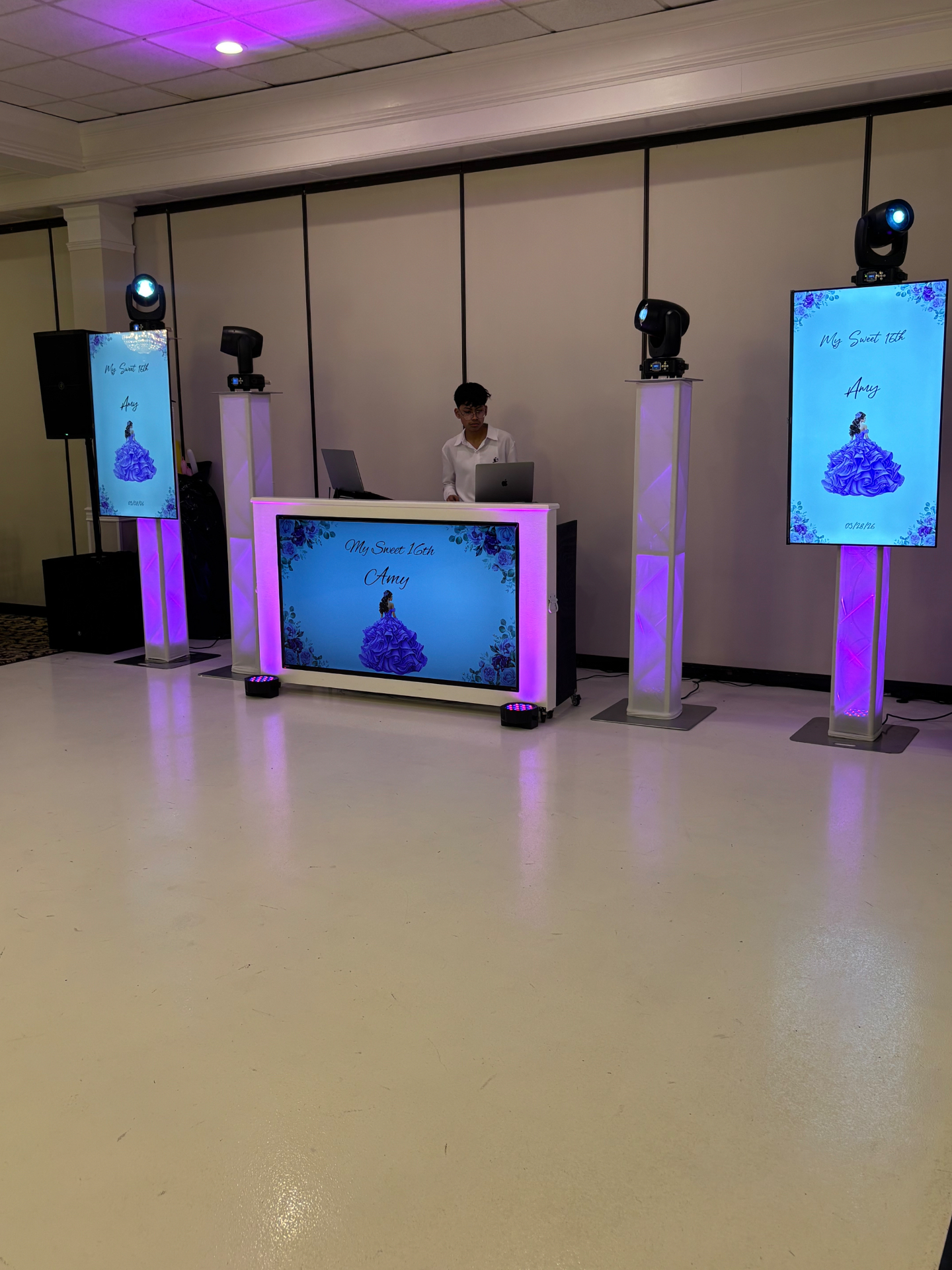 Sweet 16 setup with blue lighting